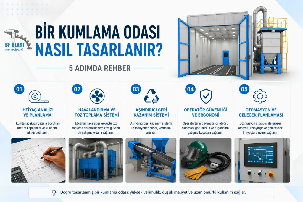 Bir Kumlama Odası Nasıl Tasarlanır? 5 Adımda Profesyonel Rehber 1 Bir kumlama odası nasıl tasarlanır? Boyutlandırma, havalandırma, aşındırıcı geri kazanımı ve toz toplama sistemleri dahil profesyonel kumlama odası tasarım rehberini keşfedin.