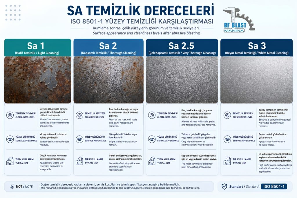 Kumlama sonrası yüzey temizliği seviyelerini gösteren karşılaştırmalı görsel. ISO 8501-1 standardındaki Sa 1, Sa 2, Sa 2.5 ve Sa 3 temizlik derecelerinin yüzey görünümü, temizlik seviyesi ve tipik kullanım alanları arasındaki farkları açıklamak amacıyla kullanılır. Boya öncesi yüzey hazırlama, kaplama aderansı ve endüstriyel korozyon koruma uygulamalarında referans niteliğindedir.